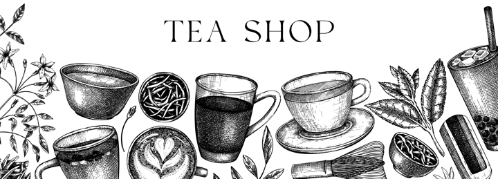 Hand-sketched tea drinks and ingredients banner in color. Vector sketches of hot beverage cups, dried leaves, jasmine blossoms background. Popular tea design for cafe or restaurant menu.